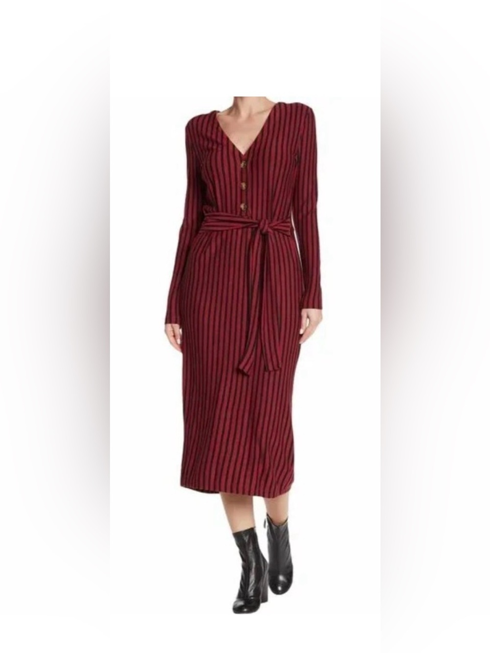 Velvet Heart Red & Black Striped Long Sleeve Midi Dress with Tie Waist sz M